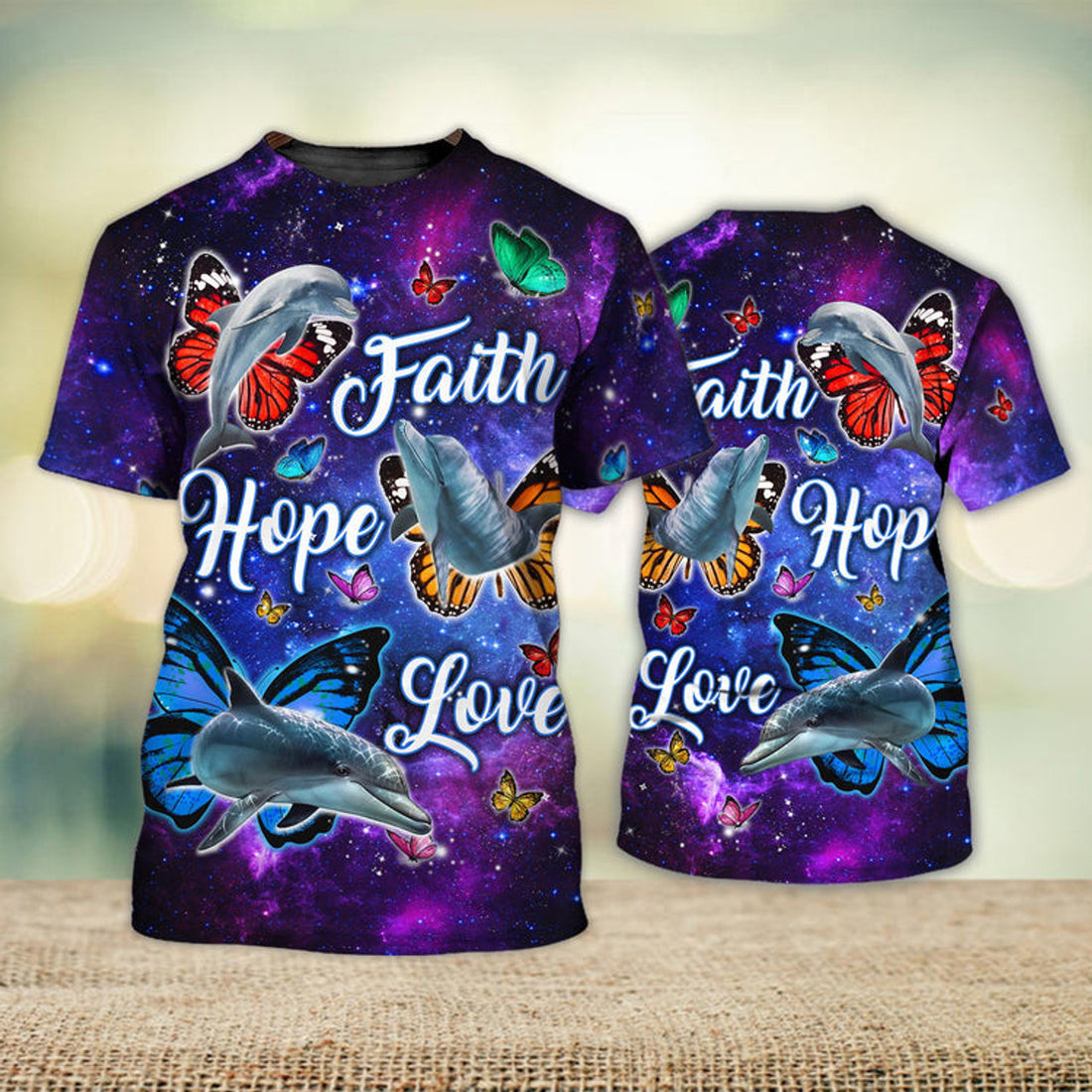 FUNSTUFFPRINT Dolphin Faith Hope Love Butterfly 3D Full Print T-Shirt, PerfecT-Shirt for Dolphin Lovers 3D T-shirt