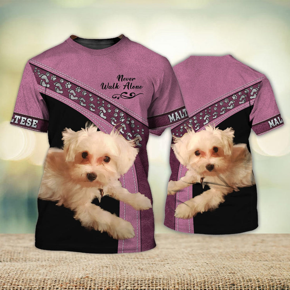 FUNSTUFFPRINT Maltese Love Never Walk Alone Pink 3D Full Print T-Shirt, Shirt For Dog Lovers, Dog Memorial Gifts for loss of Dog 3D T-shirt