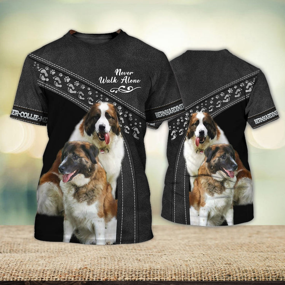 FUNSTUFFPRINT Bernhardiner-Collie-Mix Love Never Walk Alone 3D Full Print T-Shirt, Shirt For Dog Lovers, Dog Memorial Gifts for loss of Dog 3D T-shirt