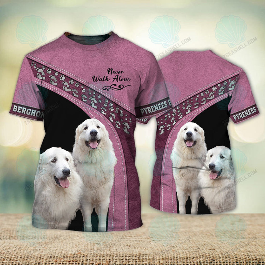 FUNSTUFFPRINT Pyrenees Berghond Love Never Walk Alone 3D Full Print T-Shirt, Christmas Dog Memorial Gifts for loss of Dog 3D T-shirt
