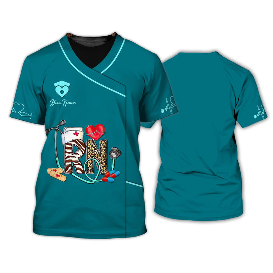 FUNSTUFFPRINT 3D All Over Print RN Uniform Medical Scrubs Clothing Custom RN 3D T-shirt