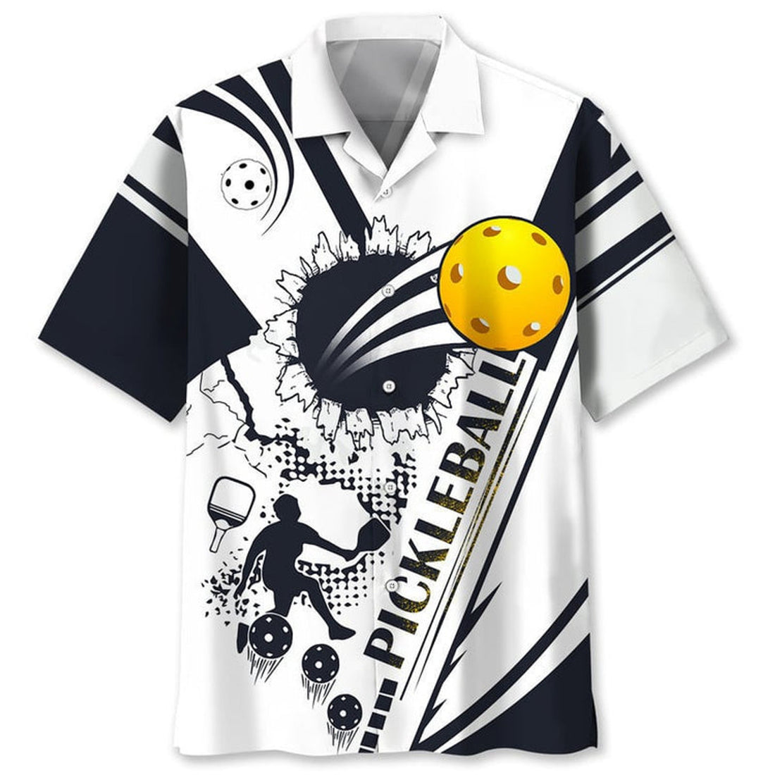 Pickleball White Black Hawaiian Shirt, Short Sleeve Summer Vacation Beach Shirts for Pickleball Lovers
