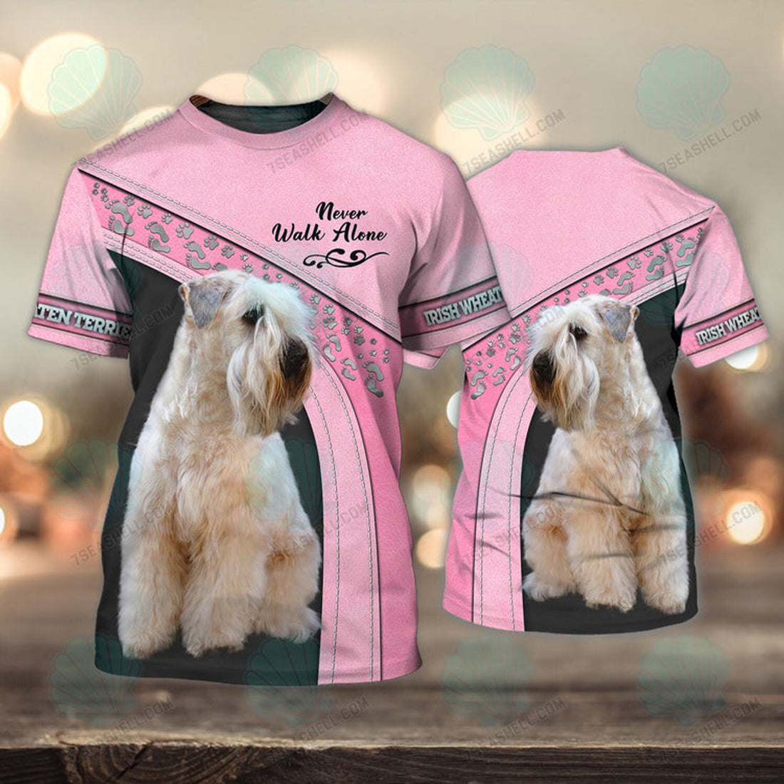 FUNSTUFFPRINT Irish Wheaten terrier Love Pink Never Walk Alone 3D Full Print T-Shirt, Christmas Dog Memorial Gifts for loss of Dog 3D T-shirt