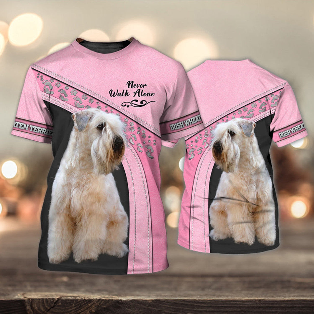 FUNSTUFFPRINT Irish Wheaten Terrier Love Never Walk Alone Love Pink 3D Full Print T-Shirt, Dog Memorial Gifts for loss of Dog 3D T-shirt