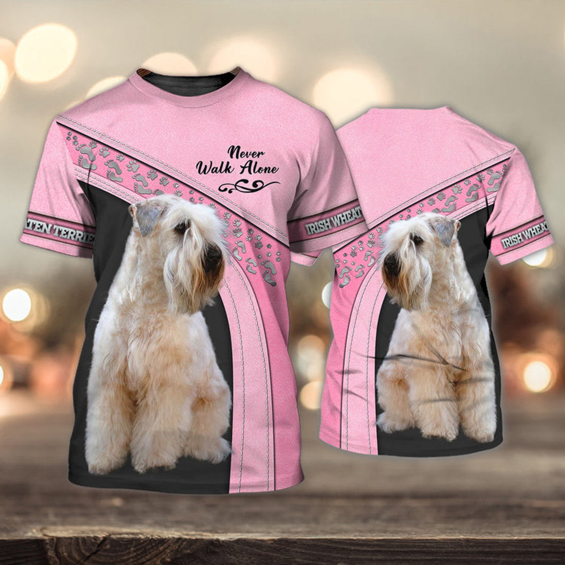 FUNSTUFFPRINT Irish Wheaten Terrier Love Never Walk Alone Love Pink 3D Full Print T-Shirt, Dog Memorial Gifts for loss of Dog 3D T-shirt