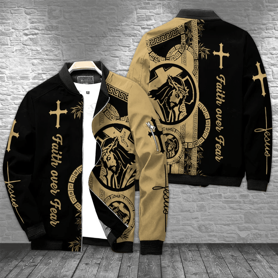 FUNSTUFFPRINT Faith over Fear Jesus Christ 3D Bomber Jacket