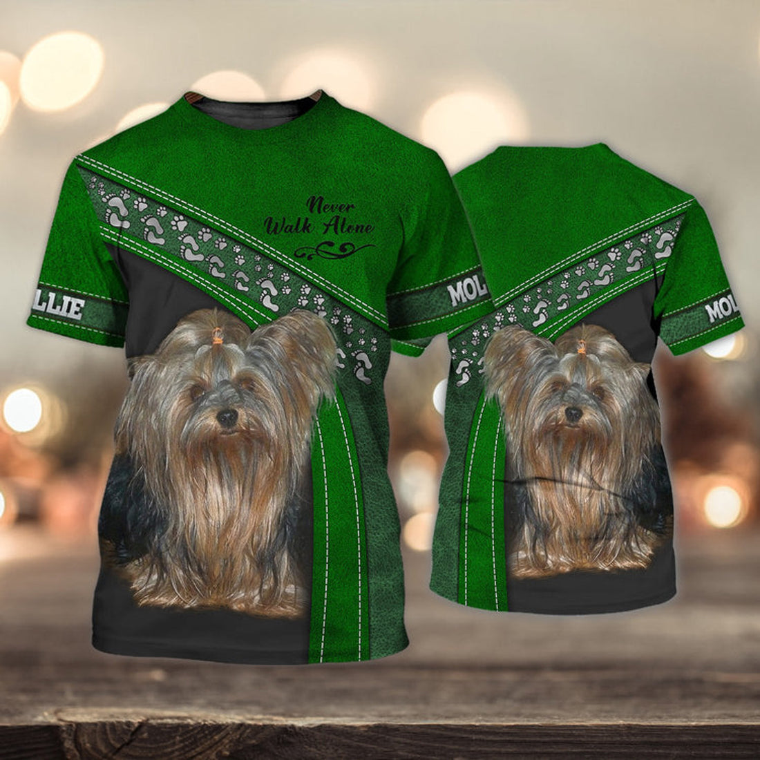 FUNSTUFFPRINT MOLLIE Love Never Walk Alone Love Green 3D Full Print T-Shirt, Shirt For Dog Lovers, Dog Memorial Gifts for loss of Dog 3D T-shirt