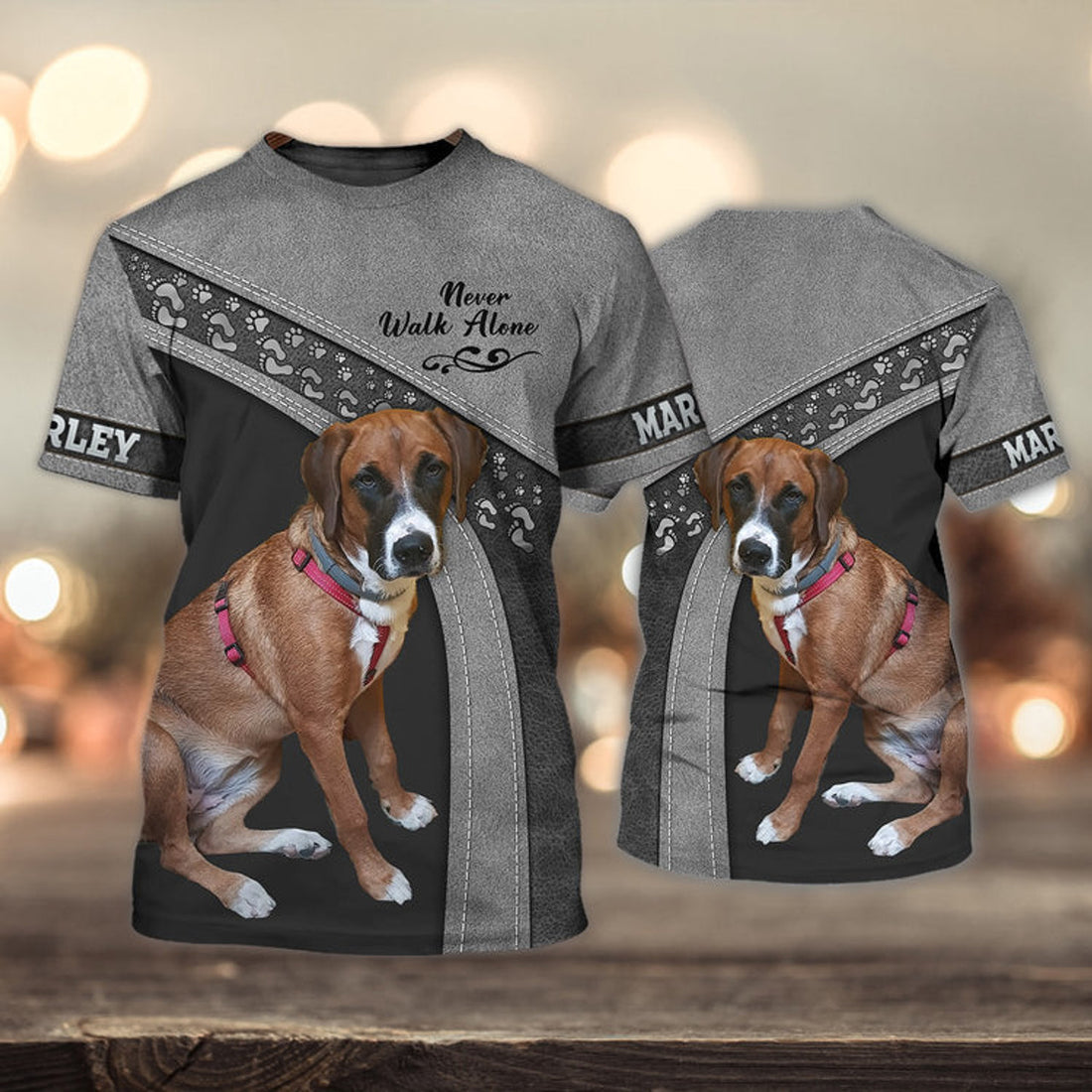 FUNSTUFFPRINT Marley Love Never Walk Alone Love Grey 3D Full Print T-Shirt, Shirt For Dog Lovers, Dog Memorial Gifts for loss of Dog 3D T-shirt
