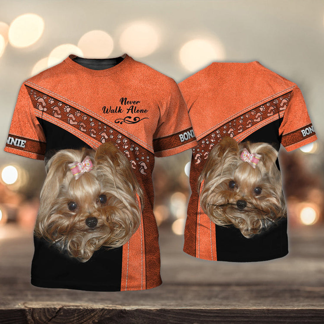 FUNSTUFFPRINT BONNIE Love Never Walk Alone Love Orange 3D Full Print T-Shirt, Shirt For Dog Lovers, Dog Memorial Gifts for loss of Dog 3D T-shirt