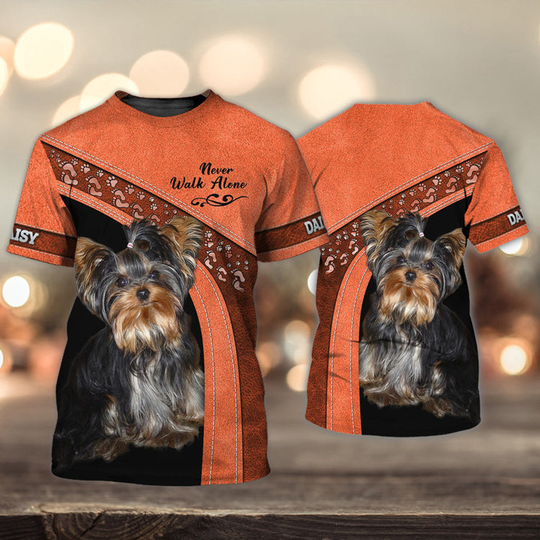 FUNSTUFFPRINT DAISY Love Never Walk Alone Love Orange 3D Full Print T-Shirt, Shirt For Dog Lovers, Dog Memorial Gifts for loss of Dog 3D T-shirt