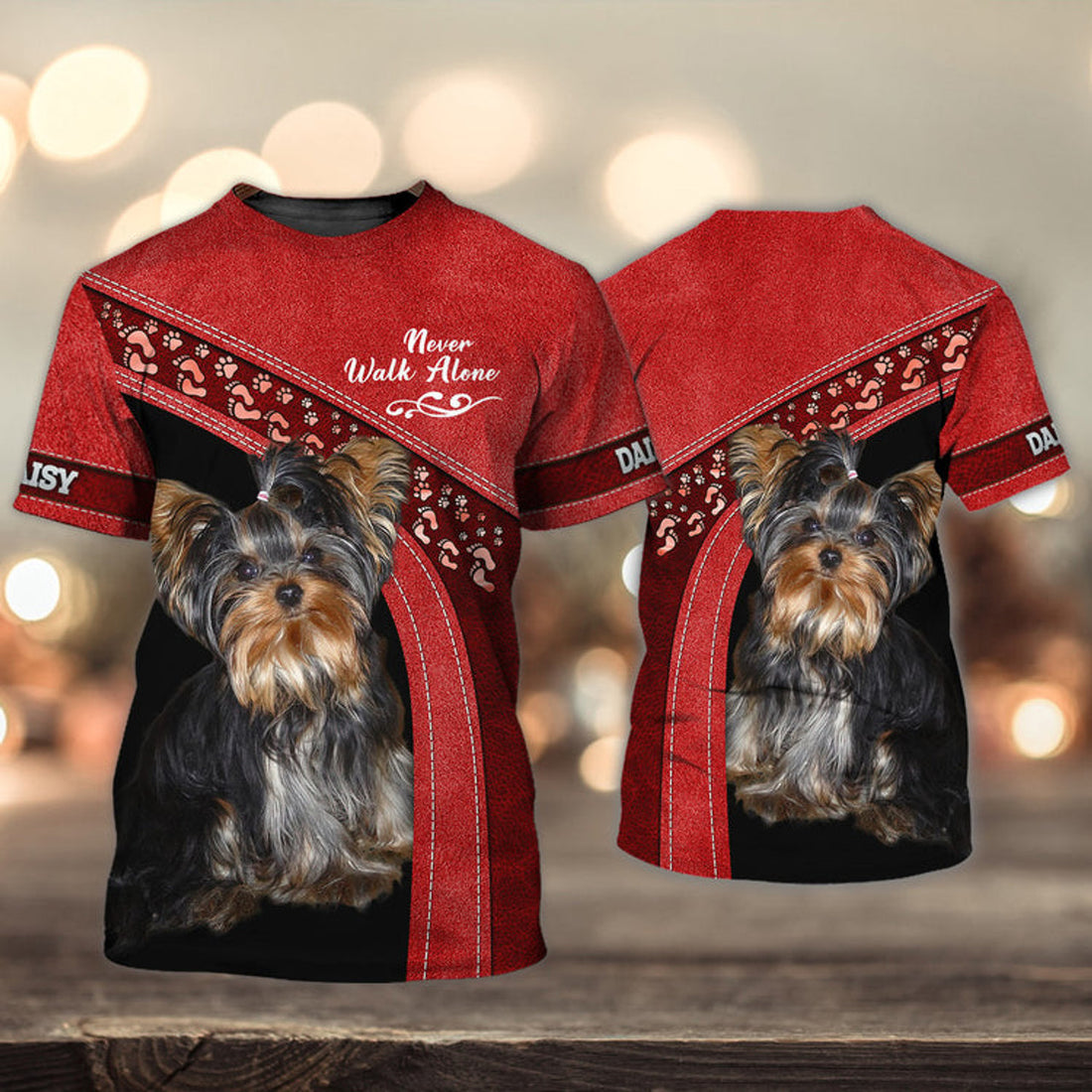 FUNSTUFFPRINT DAISY Love Never Walk Alone Love Red 3D Full Print T-Shirt, Shirt For Dog Lovers, Dog Memorial Gifts for loss of Dog 3D T-shirt