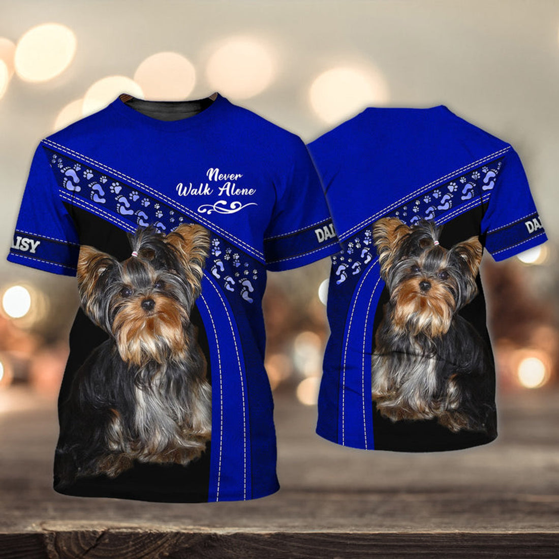 FUNSTUFFPRINT DAISY Love Never Walk Alone Love Blue 3D Full Print T-Shirt, Shirt For Dog Lovers, Dog Memorial Gifts for loss of Dog 3D T-shirt