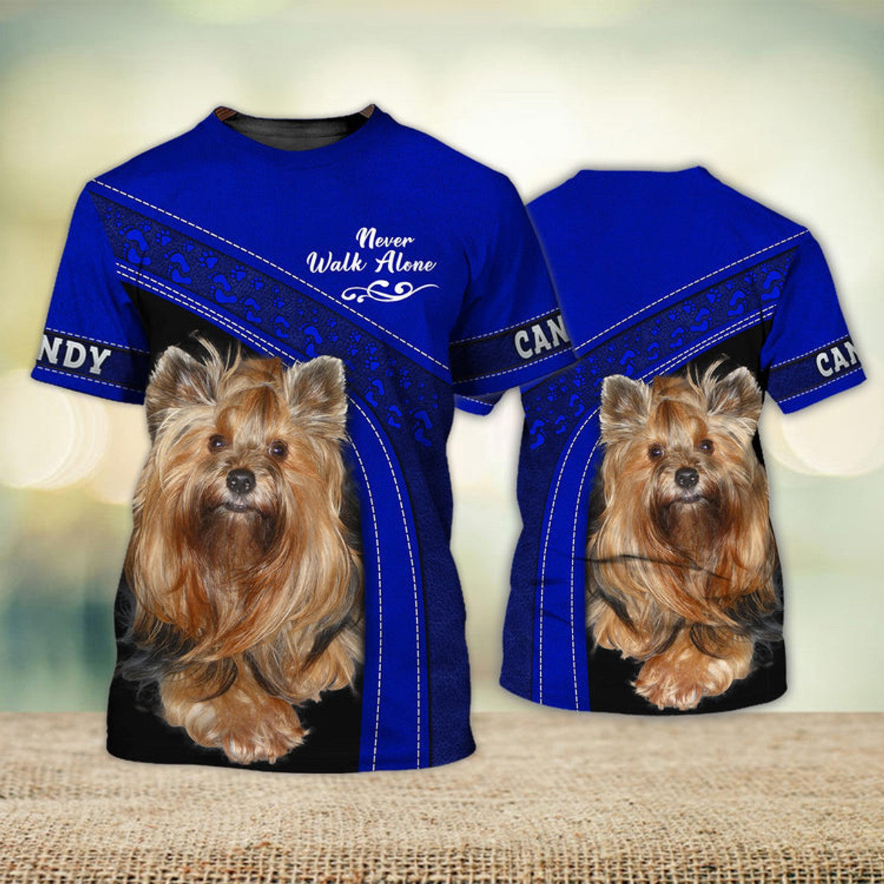 FUNSTUFFPRINT CANDY Love Never Walk Alone Love Blue Ver1 3D Full Print T-Shirt, Shirt For Dog Lovers, Dog Memorial Gifts for loss of Dog 3D T-shirt