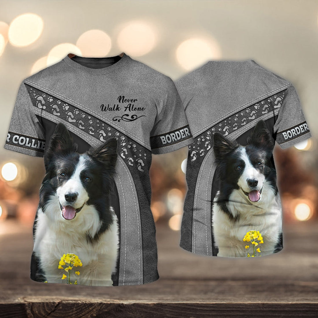 FUNSTUFFPRINT Border Collie Never Walk Alone 3D Full Print T-Shirt, Shirt For Dog Lovers, Dog Memorial Gifts for loss of Dog 3D T-shirt