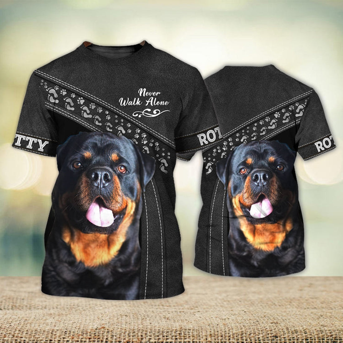 FUNSTUFFPRINT Rotty Black Never Walk Alone 3D Full Print T-Shirt, Shirt For Dog Lovers, Dog Memorial Gifts for loss of Dog 3D T-shirt