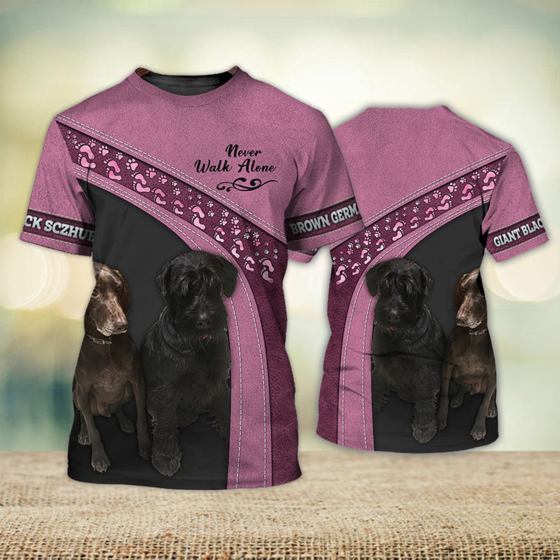 FUNSTUFFPRINT Brown German Pointer And Giant Black Sczhuer Never Walk Alone 3D Full Print T-Shirt, Shirt For Dog Lovers, Dog Memorial Gifts for loss of Dog 3D T-shirt