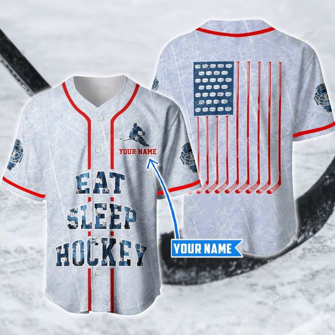 Custom Hockey Eat Sleep Flag Personalized Baseball Jersey, American Flag Hockey Shirt