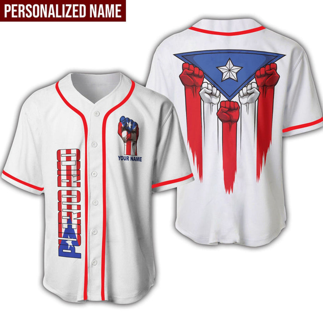 Custom Puerto Rico Hand Raising Flag Personalized Baseball Jersey