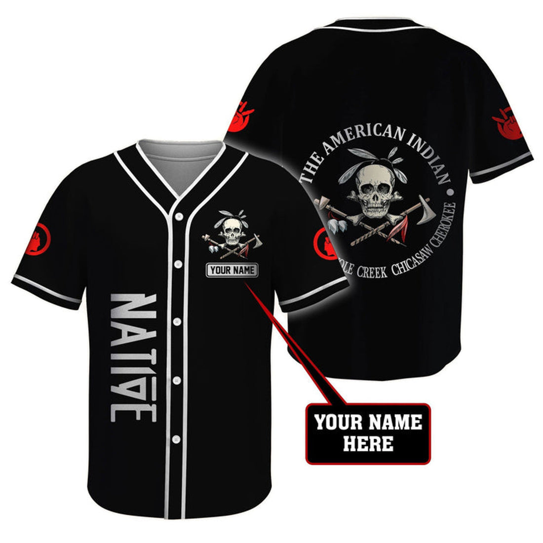 Custom Native American Skull Cool Black Personalized Baseball Jersey