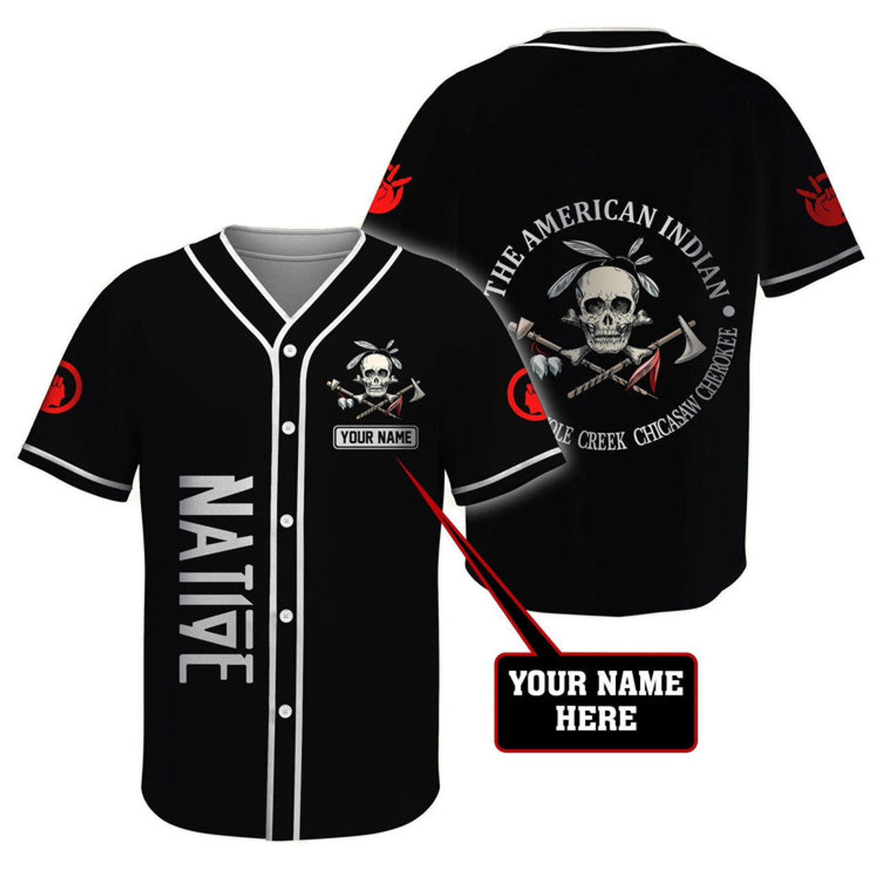 Custom Native American Skull Cool Black Personalized Baseball Jersey