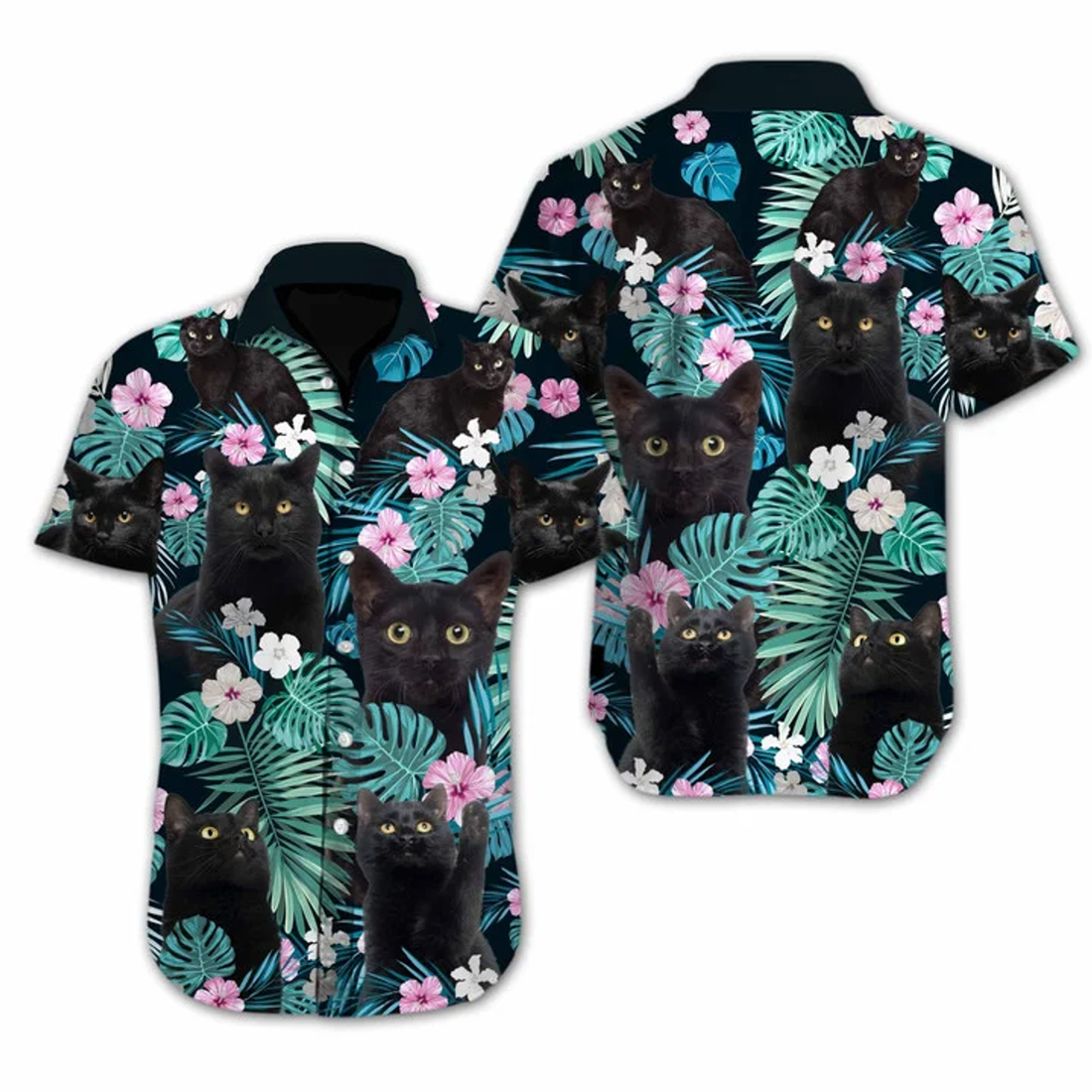Black Cat Flower Spring Design Hawaiian Shirt