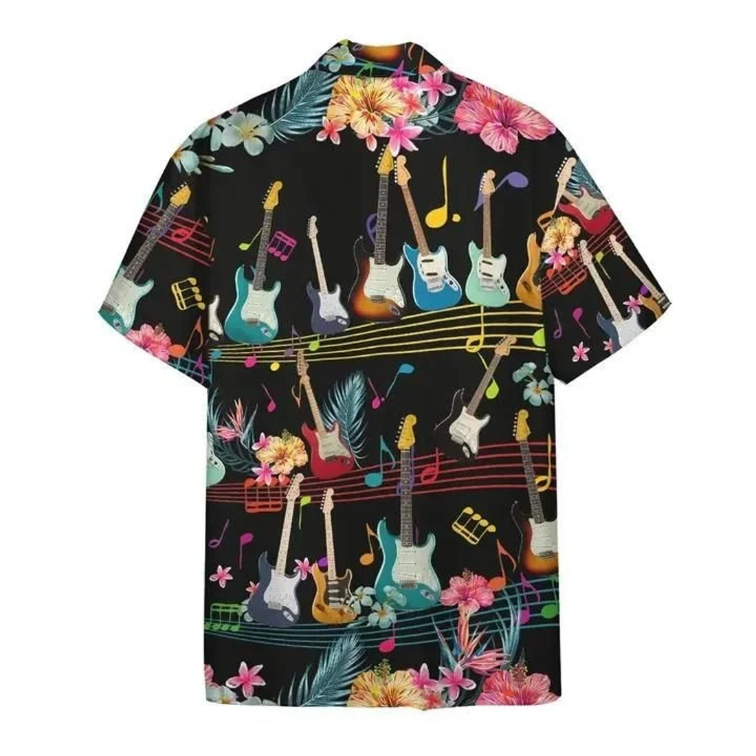 Electric Guitar On Music Stave And Notes Black Hawaiian Shirt, Summer Short Sleeve Hawaiian Aloha Shirt