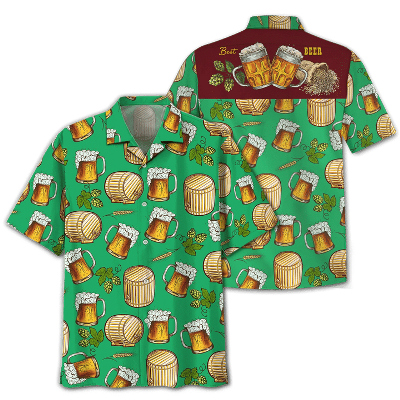 Green Theme Beer Wooden Barrel Hawaiian Shirt, Summer aloha hawaii shirt for Men women