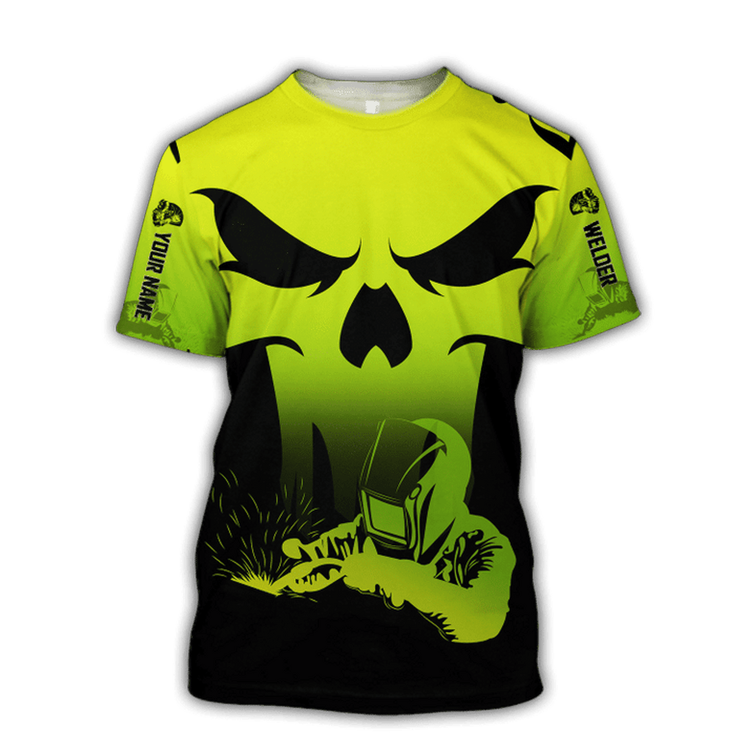 FUNSTUFFPRINT 3D All Over Printed Welder Unisex Shirts Personalized Name, Green Skull Welder Shirt 3D T-shirt