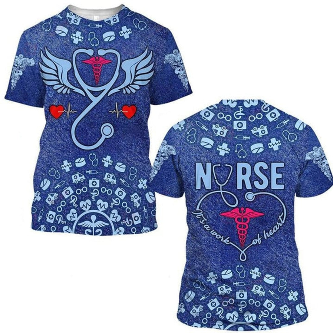 FUNSTUFFPRINT Personalized Nurse It's A Work of Heart T-Shirt, Earning Wing With Heart Beat Pattern, Perfect Nurse Apparel Gift Ideas 3D T-shirt