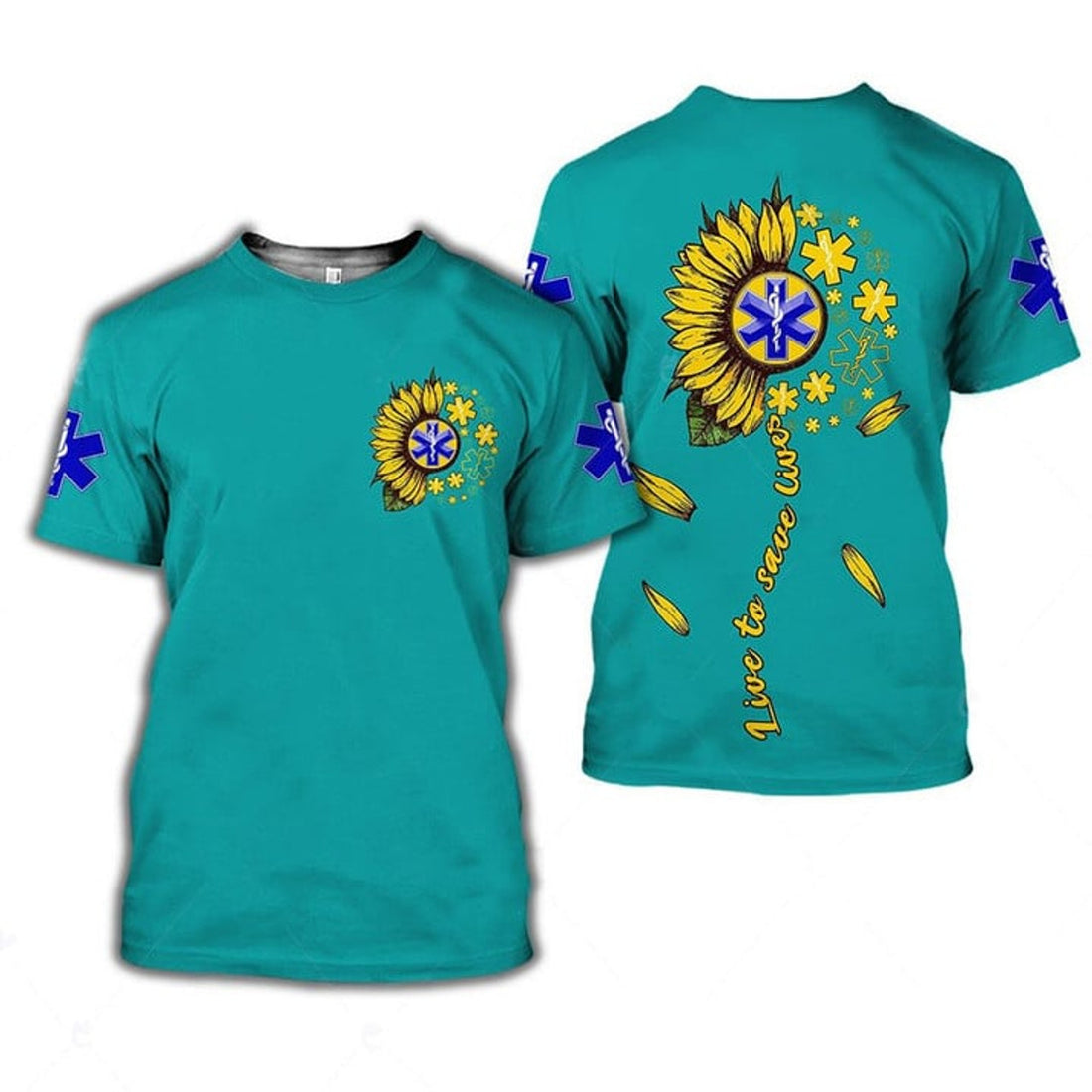 FUNSTUFFPRINT Sunflower In My Heart Live to Save Lives Shirt, Nurse T-Shirt, Perfect Gift Nurse Clothing 3D T-shirt