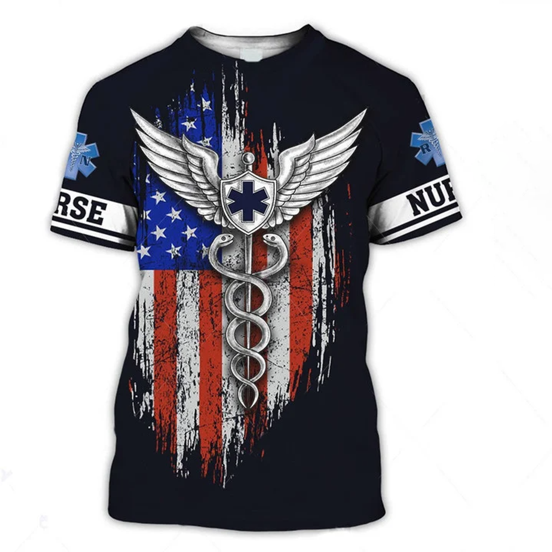 FUNSTUFFPRINT Personalized Flag Caduceus Medical Symbol Nurse Shirt, Flag Shirt, Nurse Uniform 3D T-shirt