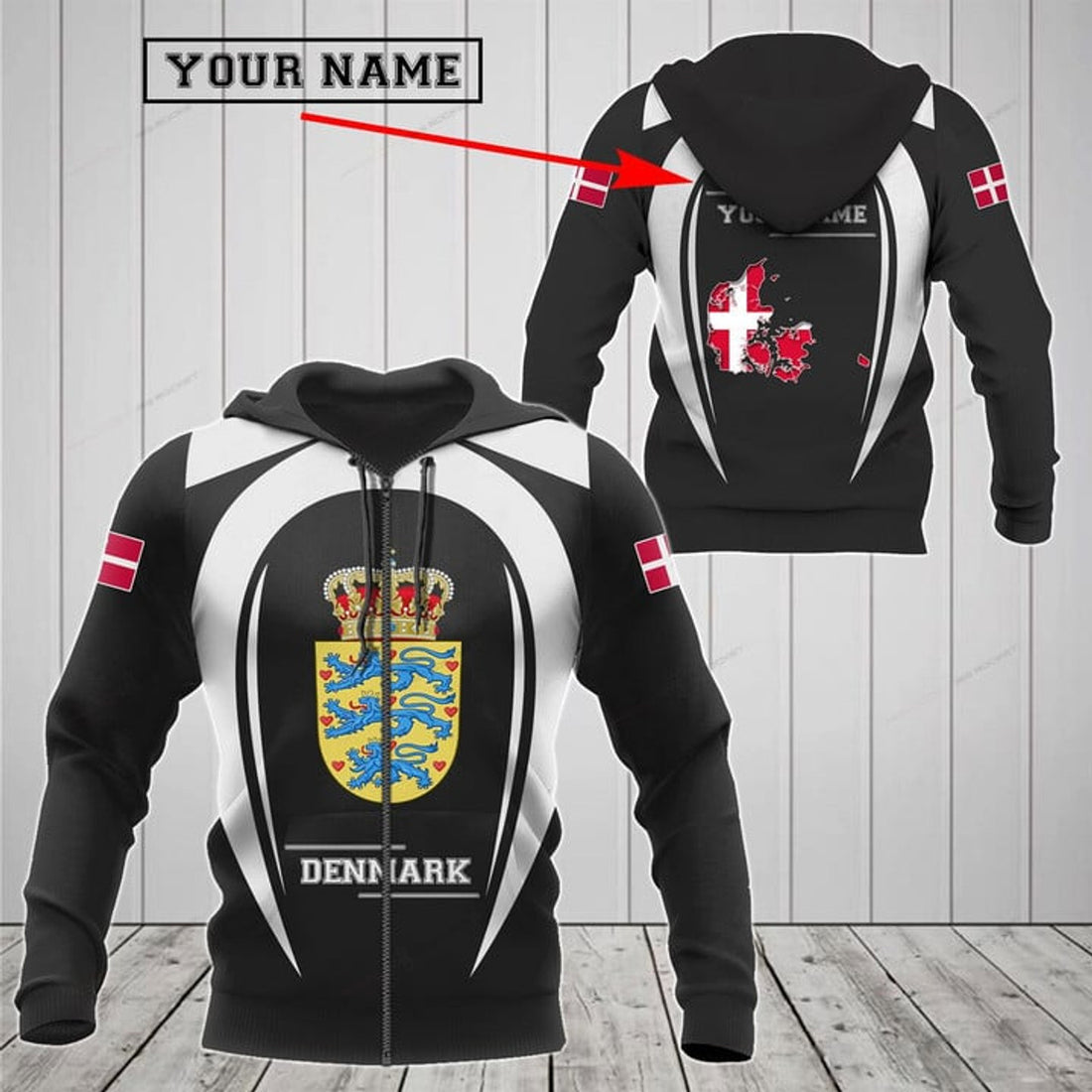 FUNSTUFFPRINT Customize Denmark Map & Coat Of 3D Hoodie and Zip Hoodie