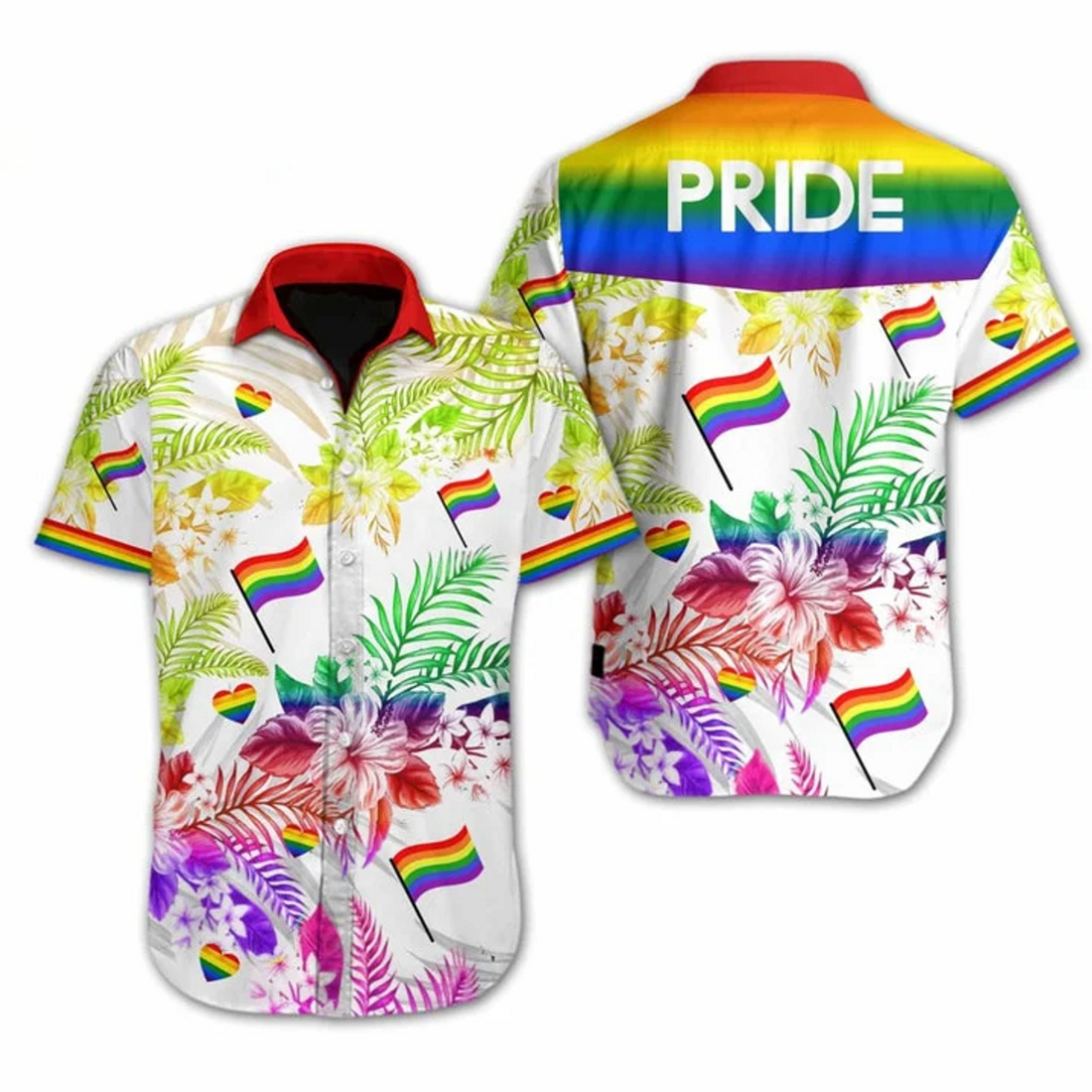 Beach Shirt, Pride Month, LGBT Pride Floral Colorful Flag Heart Hawaiian