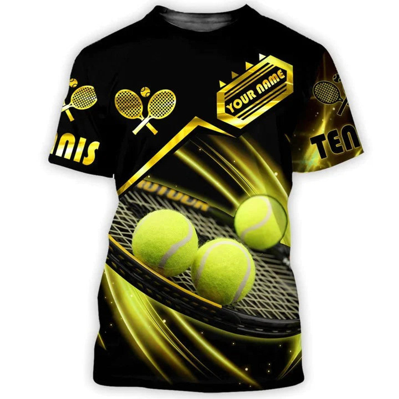 Custom Personalized 3D Tennis T-Shirt Black Gold Pattern Tennis Player Shirt, Gift For Tennis Lover Tennis Player