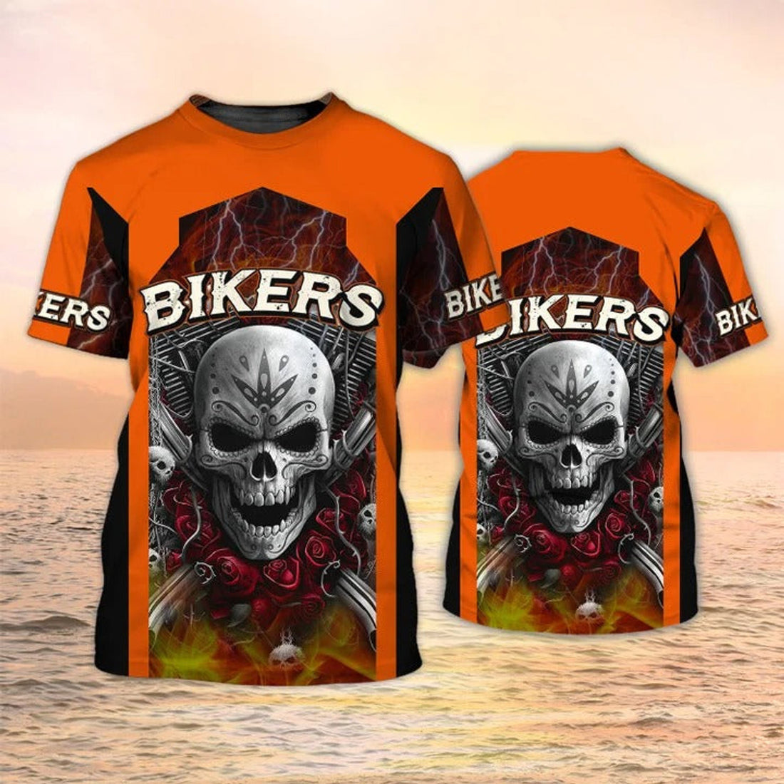 FUNSTUFFPRINT 3D Skull Biker Men Shirt, Halloween Biker 3D T-shirt