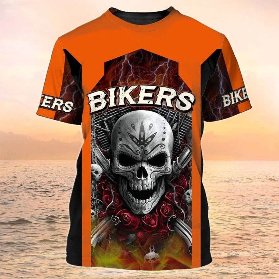 FUNSTUFFPRINT 3D Skull Biker Men Shirt, Halloween Biker 3D T-shirt