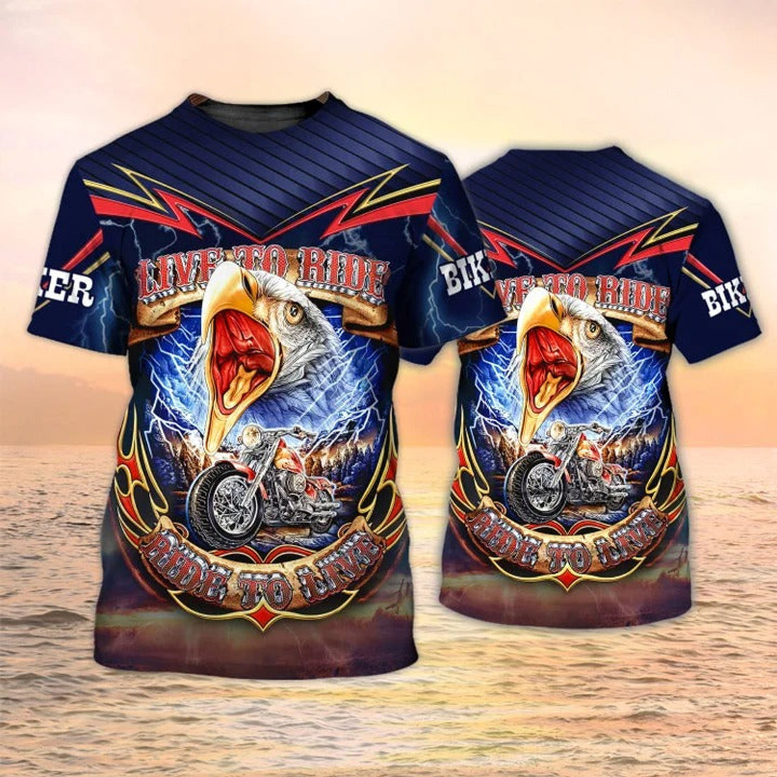 FUNSTUFFPRINT Motorcycle T-Shirt Eagle Biker Shirt Live To Ride, 3D Shirt For Motorcycle Lover 3D T-shirt