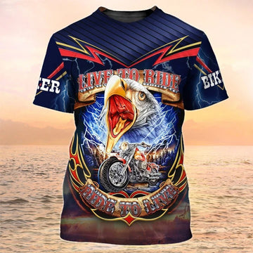 FUNSTUFFPRINT Motorcycle T-Shirt Eagle Biker Shirt Live To Ride, 3D Shirt For Motorcycle Lover 3D T-shirt