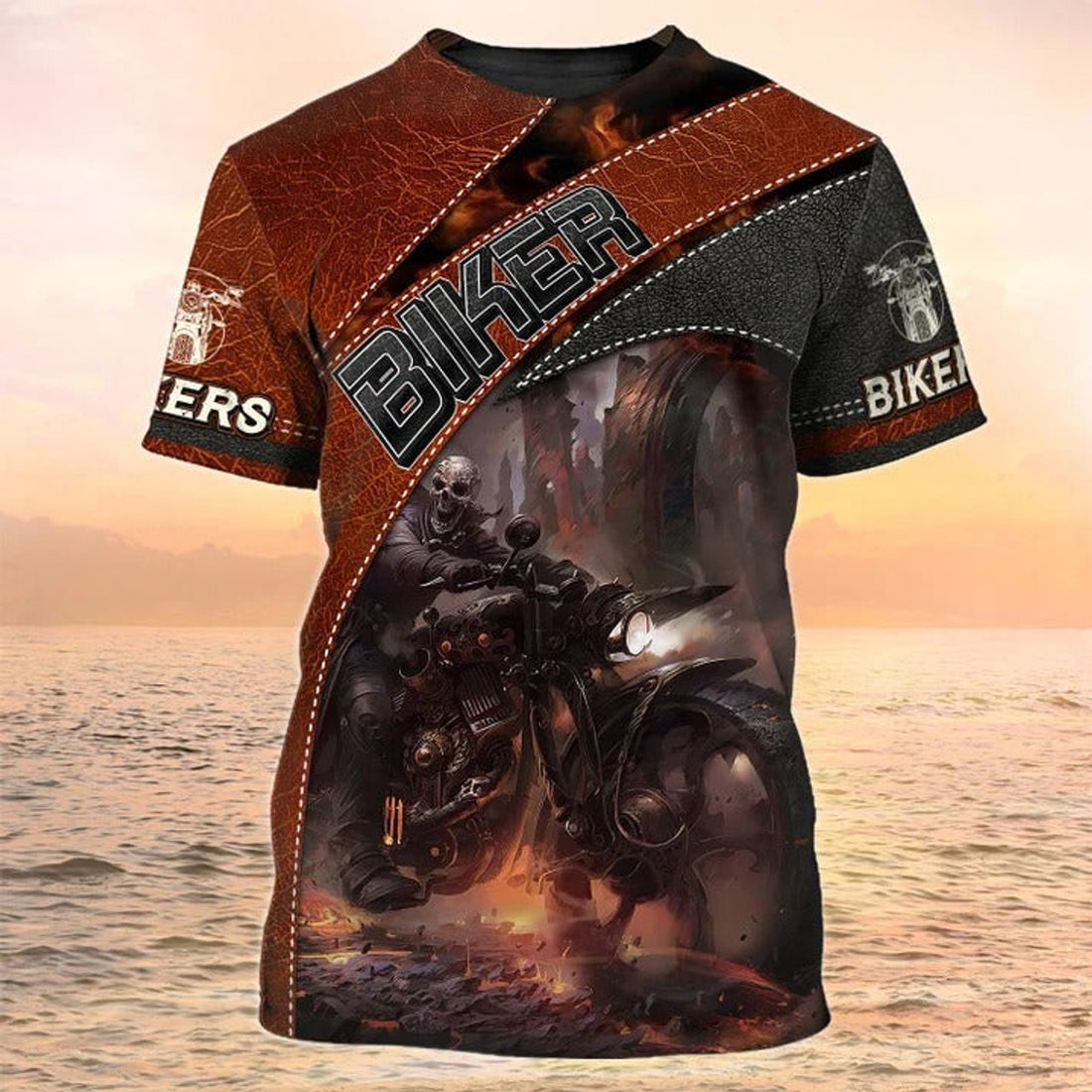 FUNSTUFFPRINT 3D Print Biker Shirt Leather Pattern, Skull Biker T-Shirt Gifts For Men 3D T-shirt