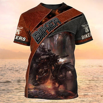 FUNSTUFFPRINT 3D Print Biker Shirt Leather Pattern, Skull Biker T-Shirt Gifts For Men 3D T-shirt