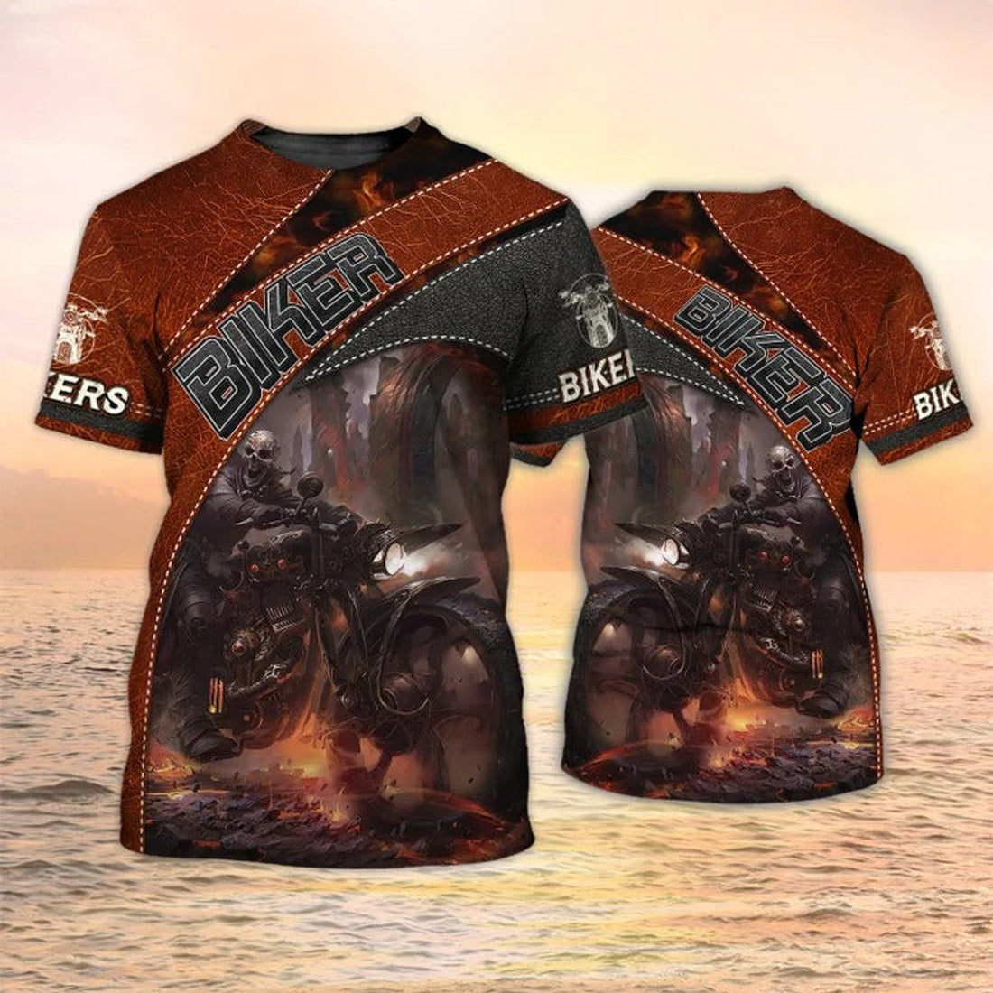 FUNSTUFFPRINT 3D Print Biker Shirt Leather Pattern, Skull Biker T-Shirt Gifts For Men 3D T-shirt