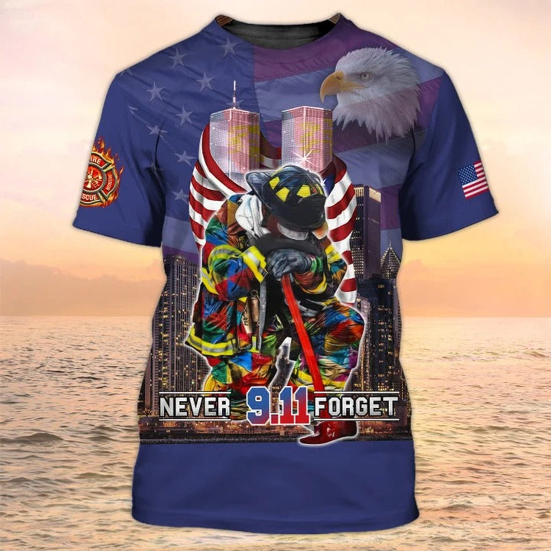 FUNSTUFFPRINT Never ForgeT-Shirt, Firefighter T-Shirt, Men's, Fire Dept T-Shirts, Patriotic Shirt 3D T-shirt