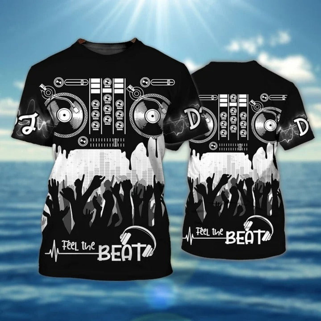 FUNSTUFFPRINT DJ Shirt Disc Jockey Shirts Short Sleeve, Feel The Beat Black 3D Shirt, DJ Gift 3D T-shirt