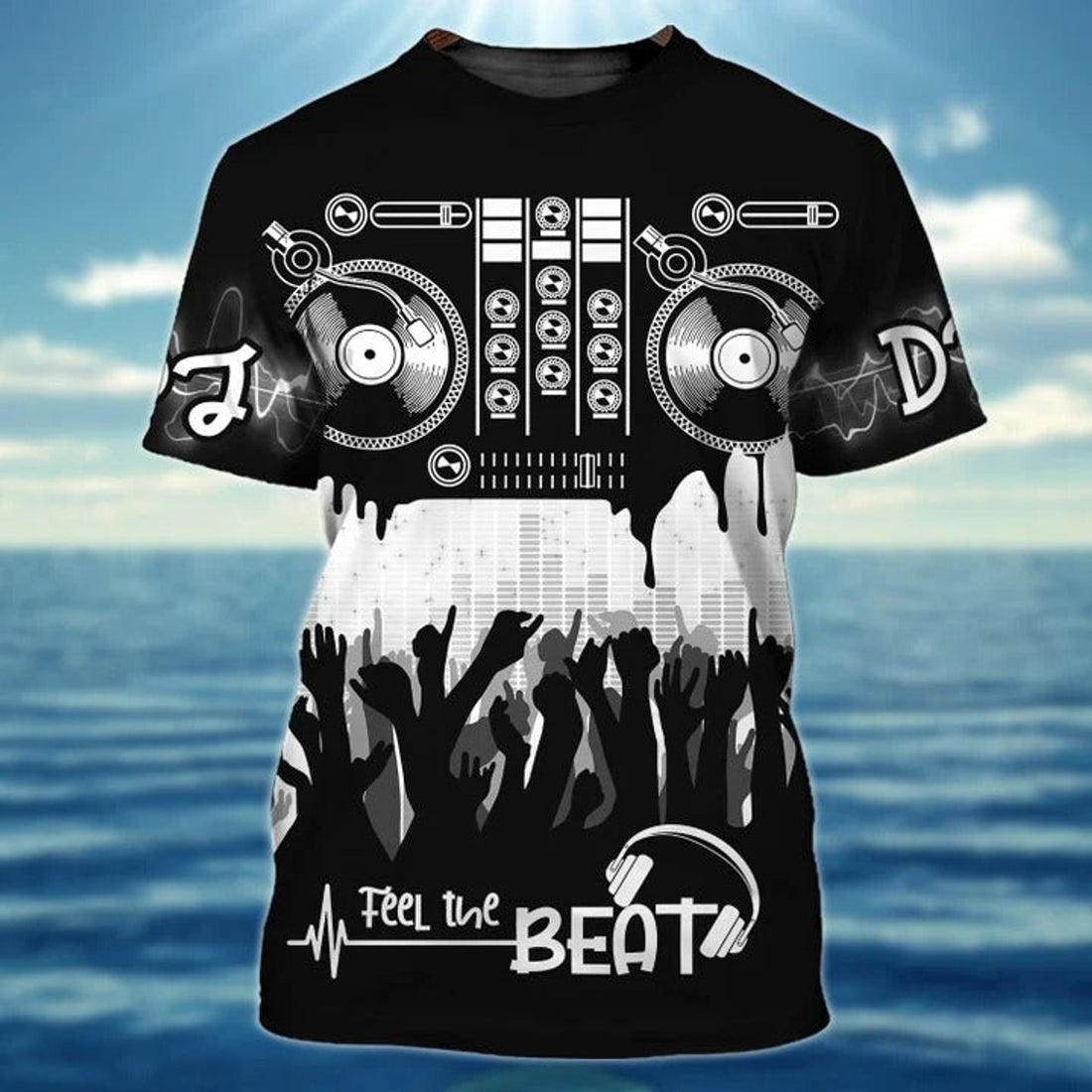 FUNSTUFFPRINT DJ Shirt Disc Jockey Shirts Short Sleeve, Feel The Beat Black 3D Shirt, DJ Gift 3D T-shirt