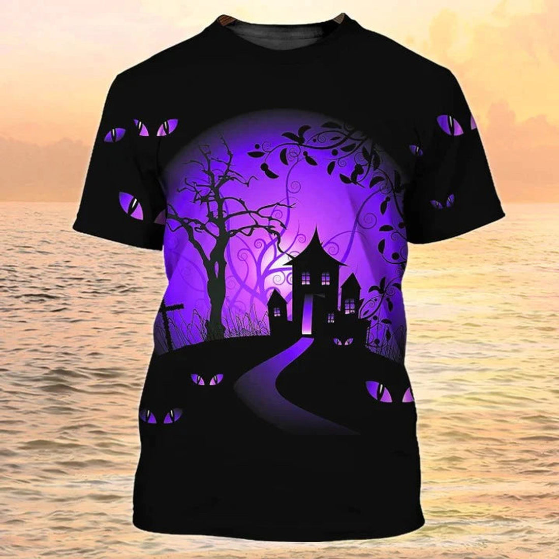 3D All Over Print Halloween NighT-Shirt For Couple, Black And Purple Halloween T-Shirt