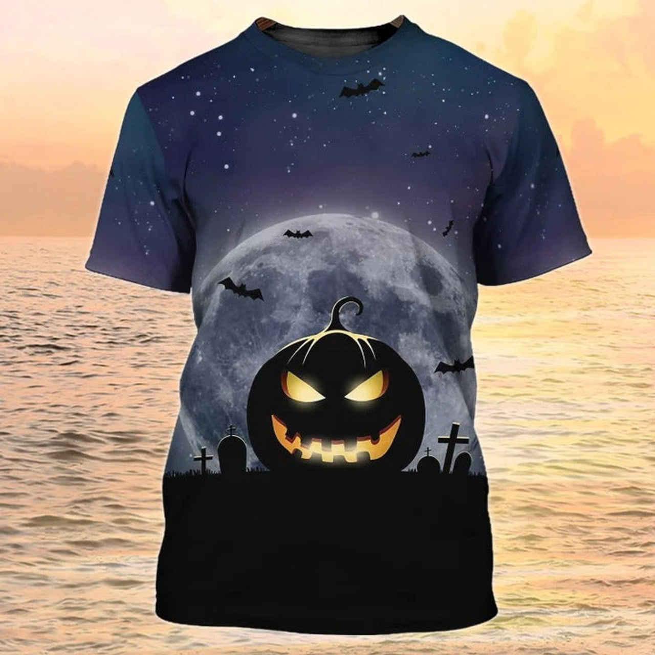 FUNSTUFFPRINT 3D Sublimation Pumpkin Angry Halloween Shirt, Bat Flying Grave Night Halloween Tee Shirts 3D T-shirt