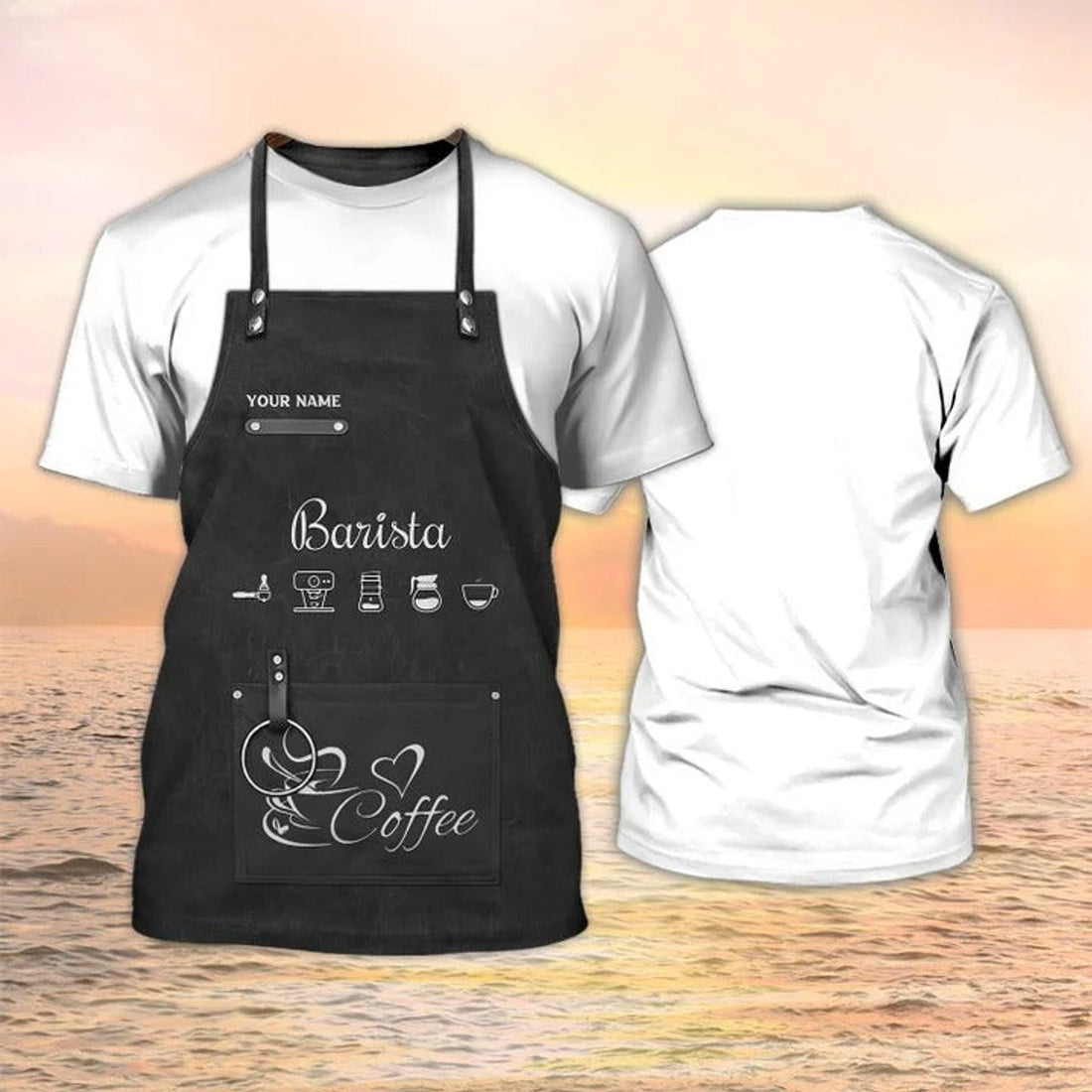 FUNSTUFFPRINT Custom Barista Apron 3D PrinT-Shirt Coffee Shop Uniform Black 3D T-shirt