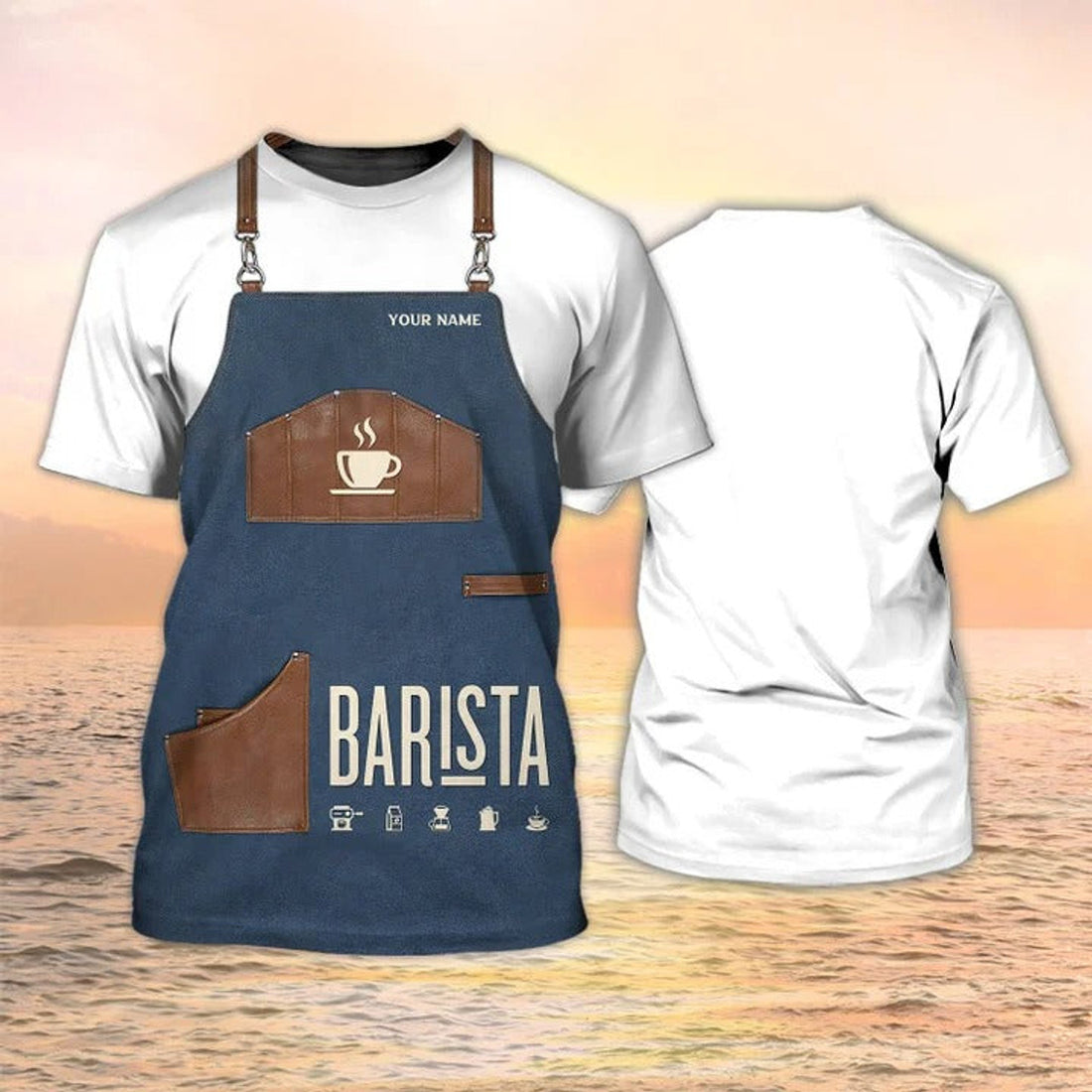 FUNSTUFFPRINT Custom Barista Shirt Barista Apron 3D PrinT-Shirt Coffee Shop Uniform 3D T-shirt