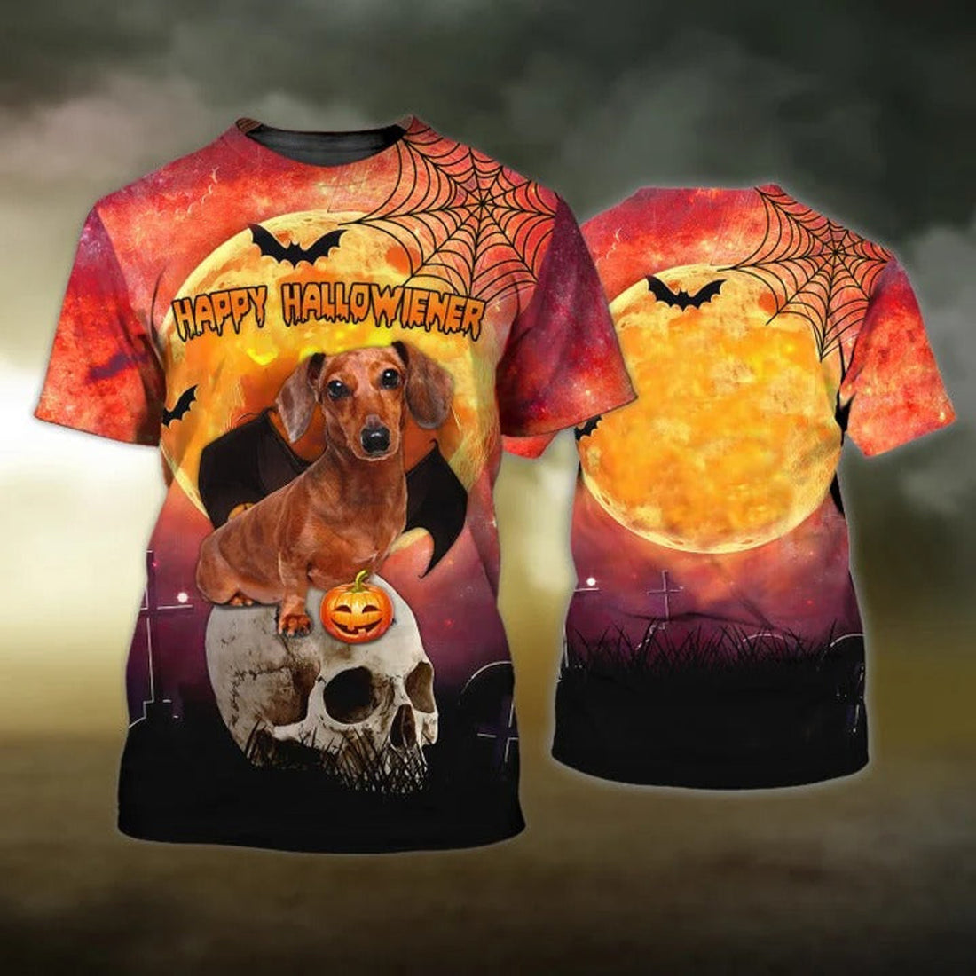 FUNSTUFFPRINT Happy Halloween Dachshund T-Shirt, Dog And Skull 3D Print On Shirt, Halloween Gifts 3D T-shirt