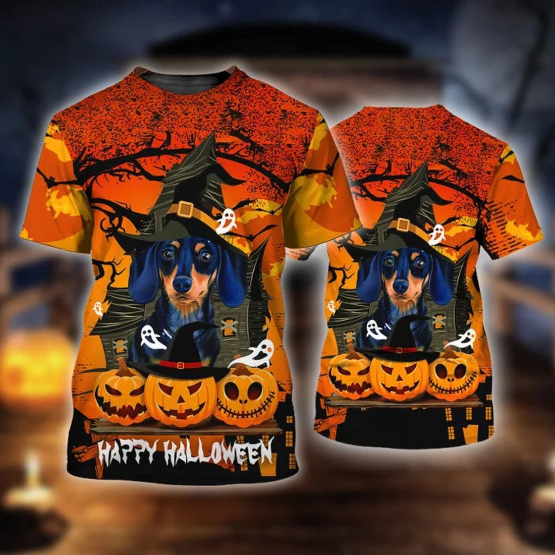 FUNSTUFFPRINT 3D Happy Halloween Dachshund Lovers T-Shirt, Halloween Gift For Dog Lovers 3D T-shirt
